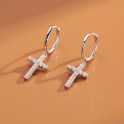 Christening Ideas, Hoop Earrings Style, Chic Earrings, Christian Jewelry, Cherry Pie, Trendy Earrings, Cross Earrings, Men Earrings, Sterling Silver Cross