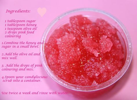 Pretty Pink Lip Scrub. You may add candy flavoring to take up a notch to match the color. I like strawberry. ♥ Sugar Lip Scrub Diy, Pink Lip Scrub, Diy Lip Scrub, Lip Scrub Recipe, Scrub Diy, Lip Scrub Homemade, Honey Diy, Lip Scrub Diy, Diy Body Scrub