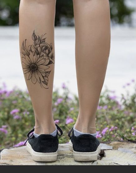 Back Of Leg Tattoos Women Calves, Back Of Calf Tattoos For Women Calves, Farm Tattoos For Women, Latte Art Tattoo, Calf Tattoos For Women, Tattoo Large, Back Of Leg Tattoos, Art Tattoo Design, Flower Tat