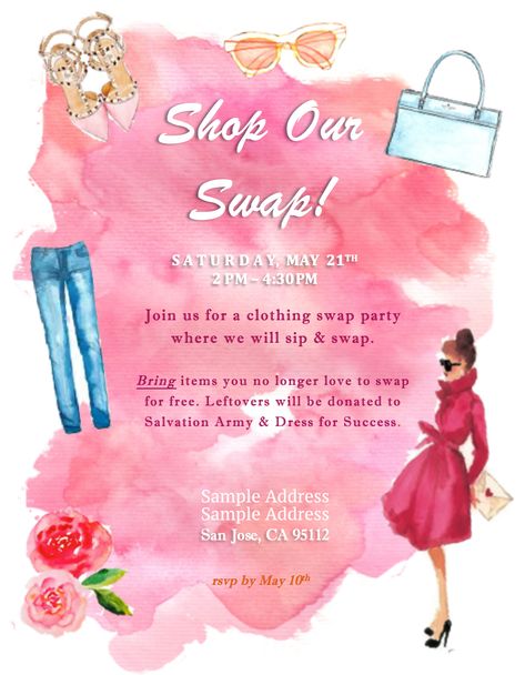 Swap Party - The Abstract Life Clothing Swap Party Invitation, Clothing Swap Party, Swap Party Invitation, Clothes Swap Party, Thrift Boutique, Charity Ideas, Sunshine Committee, Feminine Watercolor, Clothing Exchange