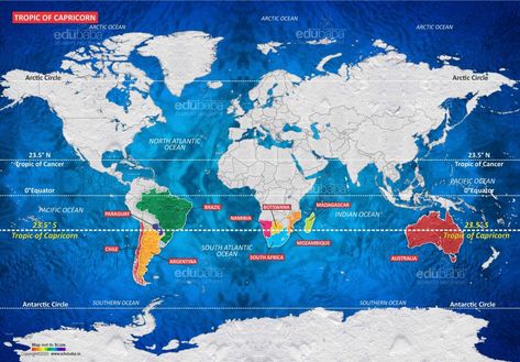 How Many Countries Does the Tropic of Capricorn Pass Through? | EDUBABA Human Body Vocabulary, June Solstice, Tropic Of Capricorn, Water Bodies, Summer Solstice, Winter Solstice, Us Map, North Pole, South Pole