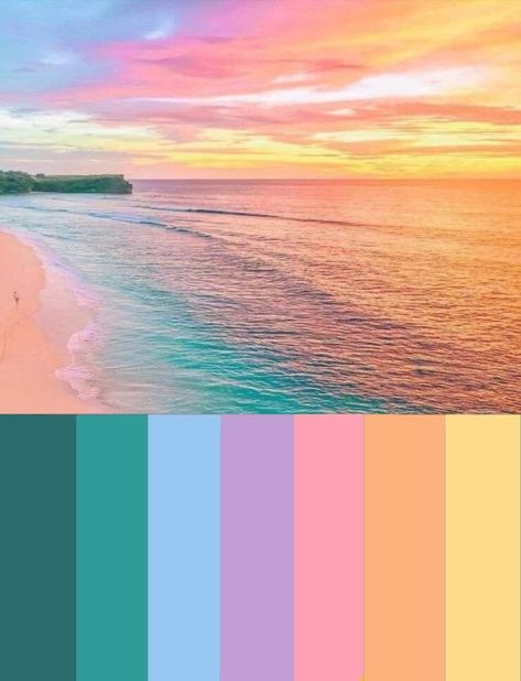 Sunset Colour Pallet, Color Schemes Colour Palettes Pink, Tropical Pastel Color Palette, Beach Sunrise Color Palette, Sunset Bedroom Ideas, Sunset Beach Wedding Colors, Sunset Wedding Color Scheme, Sunset Bathroom Theme, Beach Wedding Colors Palette