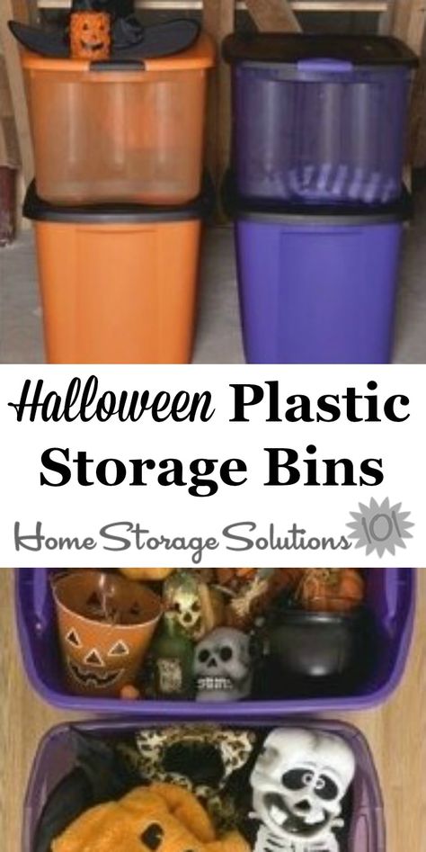 If you're looking for Halloween storage ideas these Halloween plastic storage bins in orange and purple are a cute way to store your decorations for easy visual access year after year {on Home Storage Solutions 101} #HalloweenStorage #HolidayStorage #HalloweenDecorations Halloween Storage Bins, Halloween Storage Ideas, Halloween Storage, Holiday Storage Ideas, Attic Storage Solutions, Attic Bathroom Ideas, Storage Solutions Bedroom, Apartment Storage, Attic Playroom