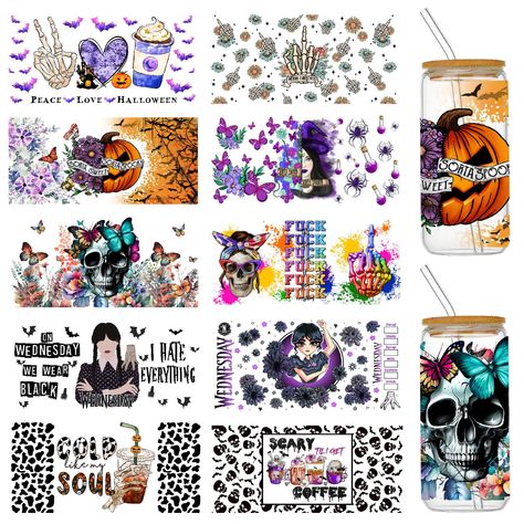 PRICES MAY VARY. Package Including----10 sheets rub on transfer stickers, available in 10 different pattern themed with Halloween elements, that measures 4.3"×9.5"(11cm×24cm), perfect for 16 oz glass cups. No Heat Required----Tear off the back film, stick it on the cup no dust no oil, then press and wipe stickers to rub out any air bubbles, lastly gently peel the top film and you're done. High Quality----Our Halloween UV DTF cup wraps have excellent adhesive properties, waterproof, sun proof, an Cup Decals, Halloween Elements, Cup Wraps, Top Film, Rub On Transfers, Cold Cups, Cup Decal, Glass Cups, Cup Wrap