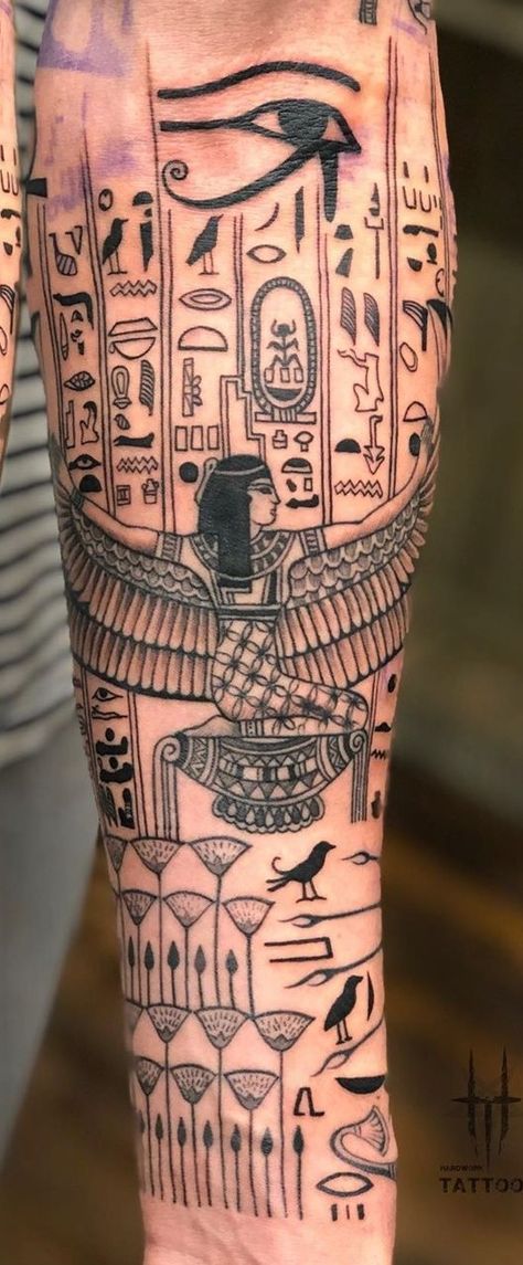 Leg Tattoo Men Egyptian, Tattoo Sleeve Egyptian, Eygptain Tattoos Men Arm, Ma’at Tattoo Design, Egypt Leg Sleeve, Egyptian Mythology Tattoo Sleeve, Egyptian Sleeve Tattoos For Guys, Egyptian Hyroglyphs Tattoo Design, Egyptian Filler Tattoos