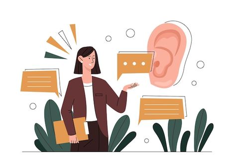 Communication Skills Aesthetic, Active Listening Illustration, Listening Pictures, Listening Aesthetic, Listening Illustration, Thinking Cartoon, Talk Illustration, Person Talking, Listening To People