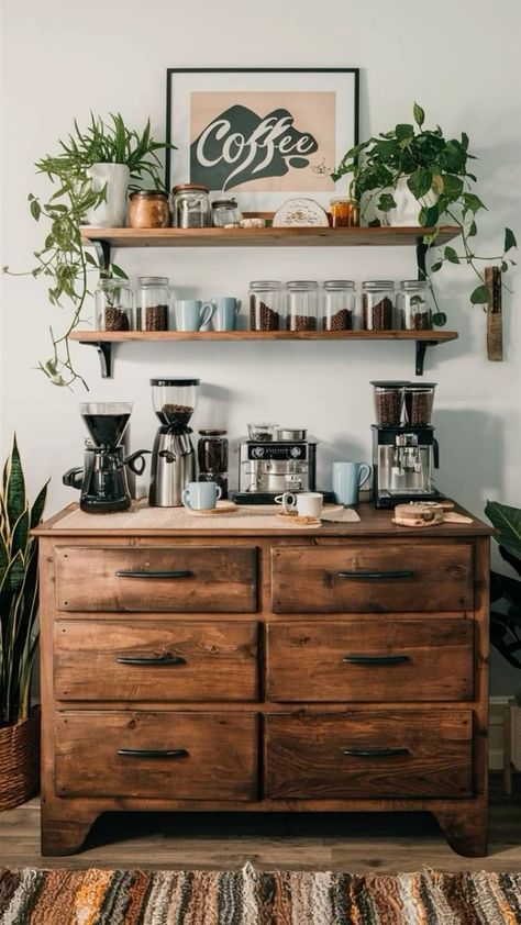 Home Decor: #homedecor, #interiordesign, #homedesign, #decor inspiration Built In Coffee Station Nook, At Home Coffee Bar Ideas, Cozy Coffee Bar Inspiration, Cottagecore Coffee Bar, Coffee Room Ideas, Diy Kitchen Bar, Cute Coffee Bar Ideas, Dresser Coffee Bar, Coffee Cart Ideas