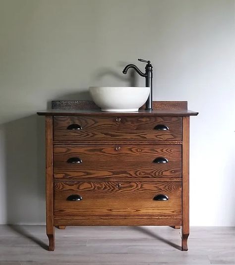 Custom Antique Bathroom Vanity Process | Vermont | Vermont Vanities Antique Dresser Vanity, Vintage Dresser Vanity, Industrial Condo, Vanity Vessel Sink, Dresser Vanity Bathroom, Downstairs Bathroom Ideas, Antique Bathroom Vanity, Basement Bathroom Ideas, Antique Bathroom