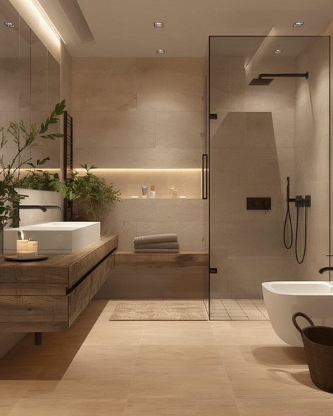 Beige Shower Room, Rectangular Bathroom Ideas, Bathroom Without Tub, Bathroom Remodel Ideas On A Budget, Bad Inspiration Modern, Modern Country Bathroom Ideas, Gray Wood Bathroom, Cosy Bathroom Ideas, Very Small Bathroom Design