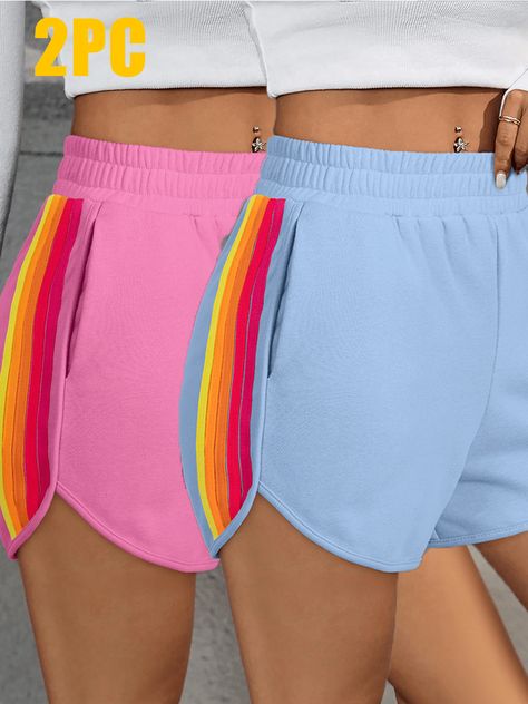 2PC Bonbon Color Block Stripes Elastic High Waist Active Shorts Pink Casual   Fabric Striped,Rainbow Stripe Track Shorts Slight Stretch  Women Clothing, size features are:Bust: ,Length: ,Sleeve Length: Summer Tie Dye, Track Shorts, Knitted Swimsuit, Active Shorts, Swimwear Sets, Cropped Leather Jacket, Women's Shapewear, Swimsuit Cover, Ladies Day