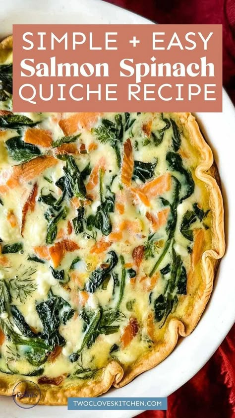 Easy and simple smoked salmon and spinach quiche recipe that makes a tasty and yummy meal idea for breakfast, lunch, or dinner. Make this simple quiche recipe as a main dish recipe or easy weeknight meal. This smoked salmon and spinach quiche with tangy goat cheese, fresh spinach and dill, and a buttery pie crust is a delicious, satisfying meal for any gathering. Easy Healthy Meals For Dinner, Gluten Free Brunch Ideas, Simple Quiche, Smoked Salmon Quiche, Salmon Frittata, Salmon Pie, Idea For Breakfast, Salmon Quiche, Spinach Quiche Recipes