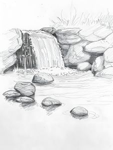 Small Waterfall Drawing, Forest With River Drawing, Mountain Waterfall Drawing, How To Draw Waterfall, How To Draw A Waterfall, Floating Sketch, Water Falls Drawing, Succulent Sketches, River Drawing Simple