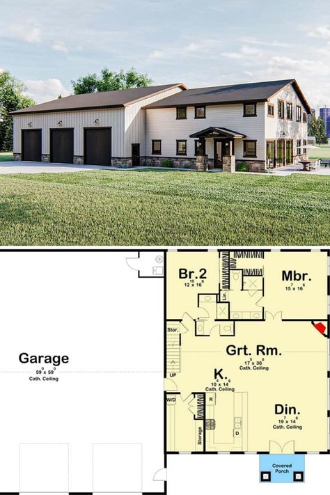 Beautiful two story new american house plans with french country aesthetic, 4 bedrooms, and 3 bathrooms. At over 2500 sq ft, this modern luxury barn home, has a spacious garage and an elegant shiplap exterior. Full open floor plan and blueprint at:  https://www.architecturaldesigns.com/house-plans/barndominium-with-massive-garage-62868dj?cjevent=b66852a089f011ea8230003f0a180511  #blueprint #floorplan #2story House Plans With Garage, Metal Building House Plans, Steel Building Homes, Barn Homes Floor Plans, Barndominium Plans, Two Story House Plans, Pole Barn House Plans, Bedroom Barndominium, Garage Floor Plans