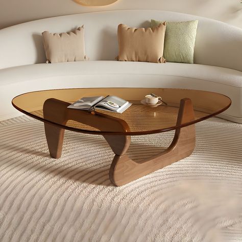 Modern Glass Triangle Coffee Table with Abstract Wooden Base - Brown 45"L x 32"W x 16"H Tawny Coffee Tables Bauhaus Coffee Table, Abstract Coffee Table, Triangle Coffee Table, Coffee Table Glass, Office Storage Cabinets, Super King Size Bed, Brown Table, Wooden Coffee Table, Chair Style