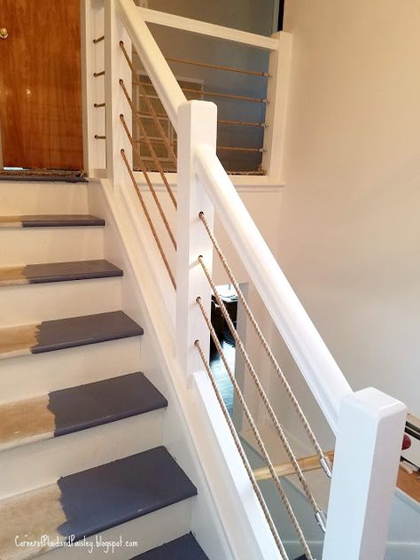 Stair Railing Ideas Lake House, Rope Banister Stairways, Beach House Railing, Coastal Railings For Stairs, Lake House Stair Railings, Coastal Stair Railing Ideas, Lake House Carpet, Coastal Banisters And Railings, Beach House Stair Railings