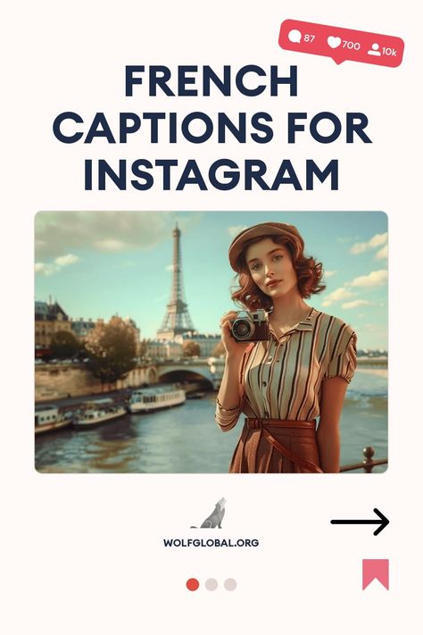 Promotional image for French Instagram captions with a woman holding a camera by the Eiffel Tower.
Graphic with French-themed phrases and icons, a call-to-action button, and a website link.
Advertisement for an Instagram Engagement Pod with a smiling woman using a laptop, surrounded by social icons. Cute French Captions For Instagram, Chic Captions For Instagram, French Captions For Instagram, French Captions, Fresh Croissants, Classy Captions For Instagram, Cute Captions, French Aesthetic, Funny French