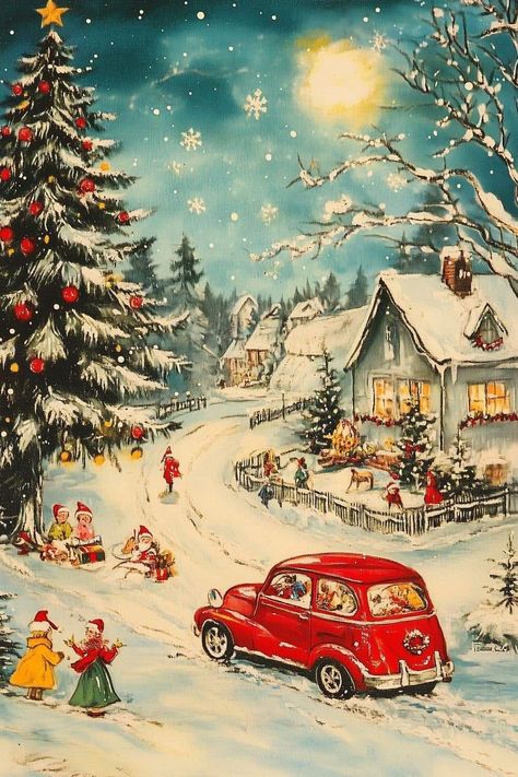 Vintage Christmas Car, Poster Styles, Nostalgic Beauty, Beautiful Christmas Scenes, Vintage Christmas Photos, Christmas Card Illustration, Snowy Scene, Detailed Artwork, Christmas Artwork