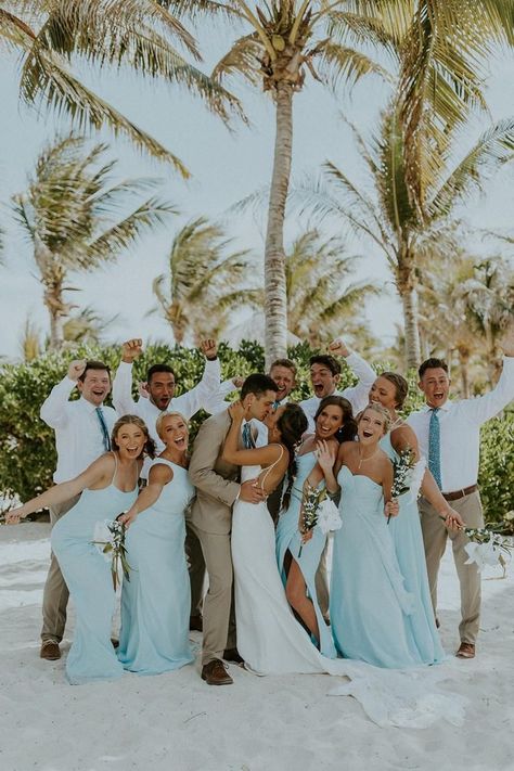 Blue Wedding Beach Theme, Wedding Reception Beach Theme, Wedding Pics On The Beach, By The Beach Wedding, Beach Spring Wedding Colors, Beach Wedding Schemes, Blue Beach Wedding Aesthetic, Lake Beach Wedding Ideas, Wedding On The Beach Dress