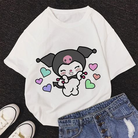 Kuromi Tshirts, Indie Aesthetic Style, Sanrio Shirt, Kuromi T Shirt, Kuromi Clothes, Y2k Female, Printed Tshirt Women, Fairy Grunge Clothes, Female T Shirt