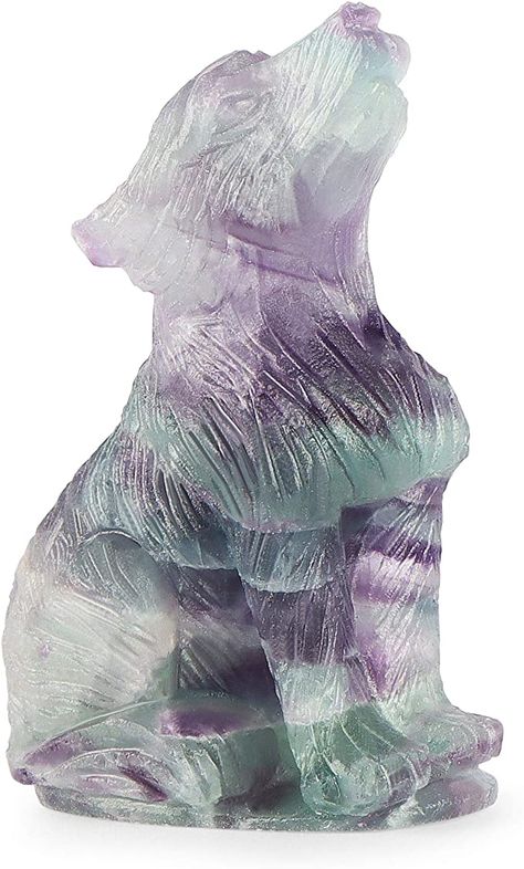 Wolf Statue, Art Deco Garden, Wolf Decor, Crystal Holder, Art Of Man, Crystal Figurines, Fluorite Crystal, Rainbow Fluorite, Natural Rainbow