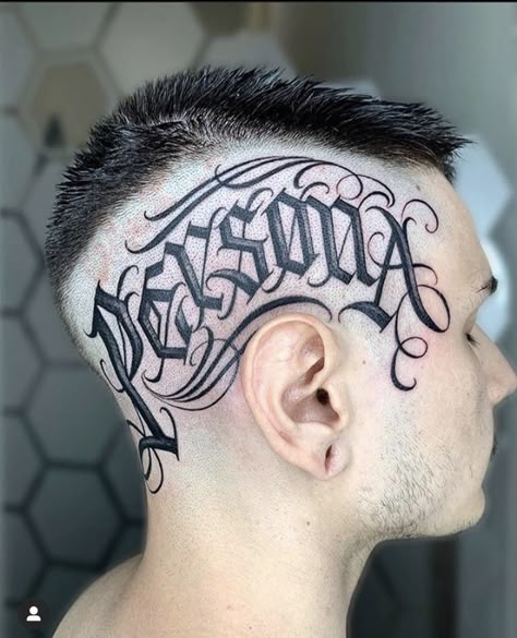 Head Tattoo Men Side Writing, Neck Lettering Tattoo, Neck Font Tattoo Men, Head Lettering Tattoo, Dark Lettering Chest Tattoo, Tattoo Bills, Hair Tattoo Men, Mens Face Tattoos, Zeus Tattoo