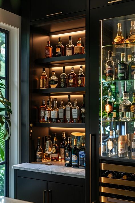 5 Tips for Designing Home Bar Glass Shelves Home Bar With Wine Rack, Floating Shelves Home Bar, Mirrored Liquor Cabinet, Suspended Glass Shelves, Built In Bars For Home, Home Bar Nook, Gin Bar Ideas For Home, Beverage Pantry, Bar Alcohol Display