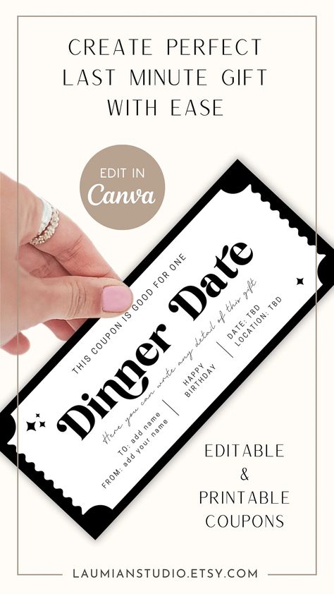 Custom Dinner Date Gift Coupon Editable Voucher for Dinner Date Ticket for Gay Card Template Date Token Digital Date Idea Date Night Voucher - Etsy Gift Coupon, Bachelor Party Gifts, Birthday Coupons, Gift For Coworker, Budget Gift, Coupon Template, Husband Anniversary, Digital Templates, Class Gift