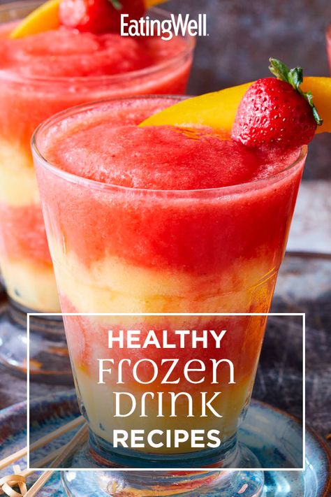 Warm weather might seem like it's a long time away, but we're ready to bust out the blender for frozen drinks right now. #healthydrinks #lowsugardrinks #drinkrecipes #drinkideas #healthyrecipes Healthy Frozen Drinks Smoothie Recipes, Frozen Mocktails Non Alcoholic, Blender Alcohol Drinks Recipes, Pool Drinks Nonalcoholic, Non Alcoholic Frozen Drinks, Frozen Blended Alcohol Drinks, Frozen Slushy Alcohol Drinks, Frozen Drinks Nonalcoholic, Fruity Frozen Alcohol Drinks