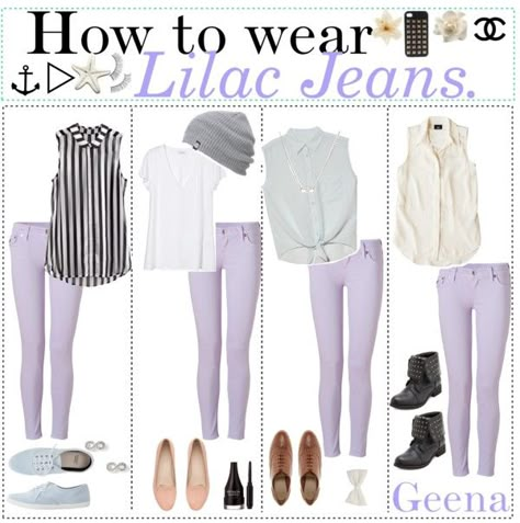 "How to wear: Lilac jeans!" by teenagetippers-xo ❤ liked on Polyvore Lavender Leggings Outfit Casual, How To Wear Lilac Outfit, Lilac Clothes Outfit, What To Wear With Lavender Pants, Violet Jeans Outfit, Lavender Dress Pants Outfit, How To Style Lilac Pants, Lilac Shoes Outfit, White Purple Outfit