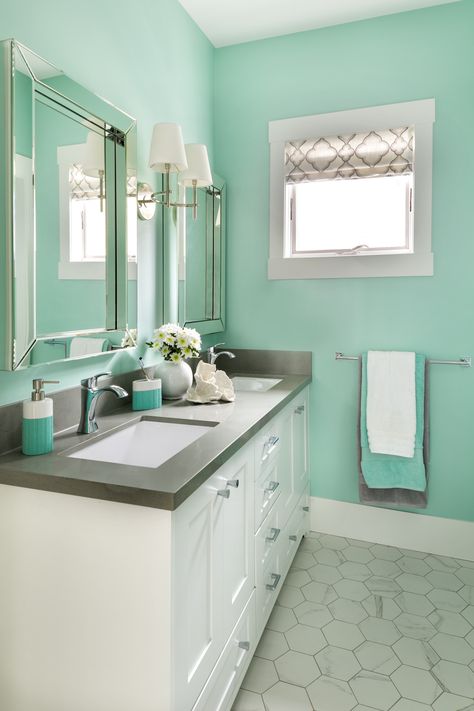 Choose these finishes and you can change your bathroom colours anytime you want! Also see how we created flow with the kids room and playroom. Aqua Bathroom Decor, Turquoise Bathroom Decor, Aqua Bathroom, Turquoise Bathroom, Blue Bathroom Vanity, Maria Killam, Bathroom Improvements, New Toilet, Bathroom Color