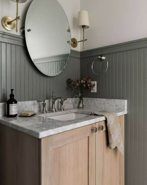 19 Beadboard Bathroom Ideas That Will Never Go Out of Style Beadboard Walls Bathroom, Dark Beadboard, Beadboard Bathroom Walls, Beadboard Bathroom Ideas, Wood Vanity Bathroom, Sherwin Williams Evergreen Fog, Beadboard Ideas, Office Ikea, Evergreen Fog