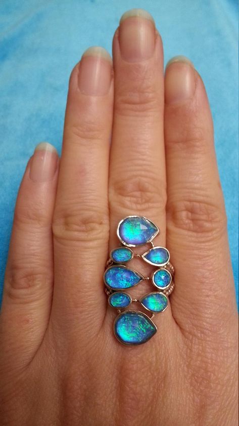 Spectacular sterling silver Sajen ring opal overlaid with | Etsy Gem Rings, Turquoise Blue Color, Ring Opal, Synthetic Opal, Enamel Necklaces, Gem Ring, Celestial Jewelry, Blue Gems, Dark Gold