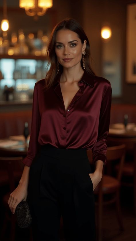 Burgundy Satin Top Outfit, Silk Trousers Outfit Casual, Burgundy Womens Outfits, Smart Casual Dinner Outfit Women Winter, Red Shirt Christmas Outfit, Christmas Outfits Women Classy, Burgundy Outfit Makeup Look, Valentines Office Outfit, Red Silk Blouse Outfit