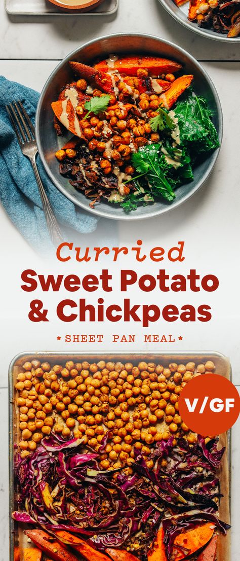 Sheet Pan Dinner - Curried Sweet Potatoes, Crispy Chickpeas, Cabbage and Greens! 1 pan required, simple ingredients, SO satisfying! #glutenfree #plantbased #dinner #curry #sweetpotato #recipe #minimalistbaker Sweet Potato Cabbage Recipe, Sweet Potato Chickpeas, Curried Sweet Potato, Plantbased Dinner, Potatoes Crispy, Lemon Tahini Dressing, Sweet Potato Wedges, Plant Based Dinner, Minimalist Baker