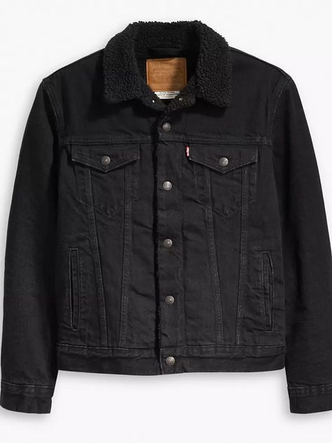 Sherpa Trucker Jacket - Black | Levi's® CA Jean Sherpa Jacket Outfit, Trucker Jacket Outfit, Sherpa Jacket Outfit, Sherpa Jean Jacket, Sherpa Trucker Jacket, Black Levis, Levis Jacket, Cooler Look, Black Denim Jacket