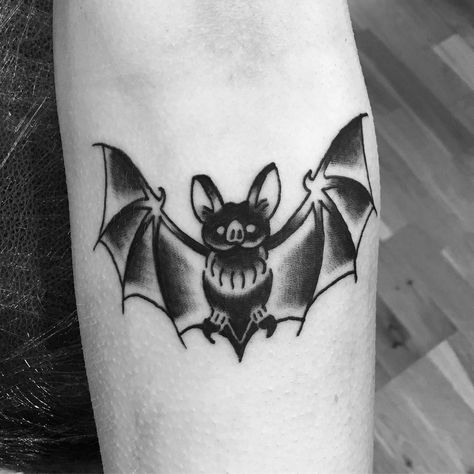 Bat Tattoo Elbow, Bat Tattoo Traditional Old School, Traditional Bat Tattoo Flash, Bat Rib Tattoo, Bat Tattoo American Traditional, Bat Shin Tattoo, Minimal Bat Tattoo, Neotraditional Bat Tattoo, Bat Tattoo Leg