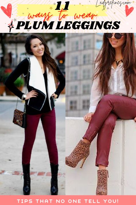 11 ways to wear plum leggings outfit in a casual way! Women Fashion - ladyrefines. plum-colored leggings outfit, purple leggings outfit, plum leggings outfit casual, plum leggings outfit color combos, plum leggings outfit workout, purple leggings outfit school, Fashion outfits, woman outfit ideas, fashion advice woman style, woman outfit, woman clothes, woman dresses, woman fashion Plum Leggings Outfit, Purple Leggings Outfit Casual, Tights Outfits Casual, Burgundy Leggings Outfit, Purple Leggings Outfit, Colored Leggings Outfit, Maroon Leggings Outfit, School Fashion Outfits, Burgandy Leggings