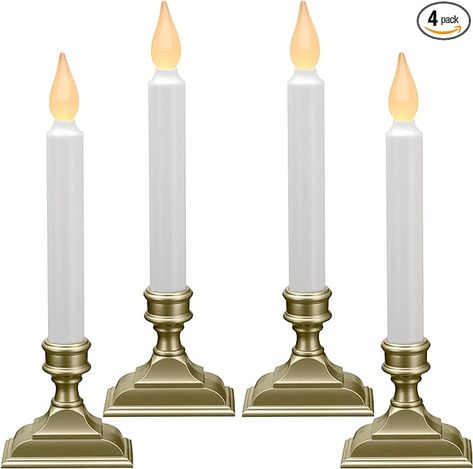 About this item
Cordless, flameless window candles with Flickering Amber Flame (Pack of 4)
Automatic timer (On 6 hours, off 18 hours), repeats daily
Requires 2 AA Batteries (not included), last 60 days on one set of batteries
Durable plastic construction resists breaks. Rectangular base prevents tipping.
Measures: 9.75” high, 1.75” deep and 3.125” wide. Candlestick diameter: 27/32” Window Candle Lights, Battery Operated Window Candles, Led Window Candles, Window Candle, Led Window, Window Candles, Candle Lamps, Battery Candles, Ornament Storage