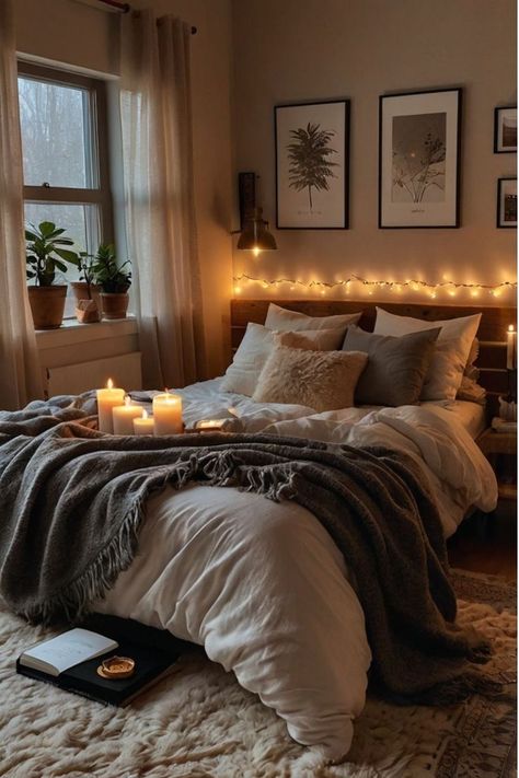 Chic and cozy bedroom with elegant elements and cozy touches. Hygge Bedroom Ideas Romantic, Cozy Lighting Bedroom, Small Cozy Apartment Bedroom, Moody Cozy Bedroom, Warm Lighting Bedroom, Academia Bedroom Aesthetic, Cozy Warm Bedroom, Cozy Apartment Bedroom, Coziest Bedroom