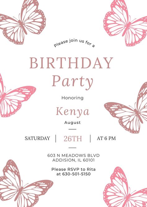 Butterfly Birthday Invitation Instant Download- Sweet Sixteen, Surprise Party Pink and Rose Gold Garden Theme by Mizamelie on Etsy Butterfly Theme 18th Birthday Party, Birthday Butterfly, Rose Gold Butterfly, Rosé Birthday, Butterfly Theme, 18th Birthday Party, Butterfly Birthday, Pink Garden, Surprise Party