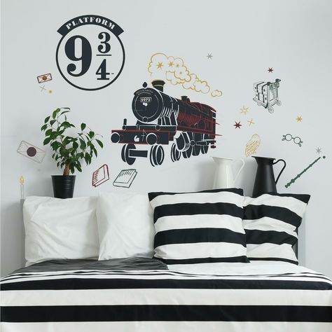 "Shop RoomMates Hogwarts Express Giant Wall Decal at Michaels. com. Dress up your walls and space with these repositionable decals from RoomMates! All aboard the Hogwarts Express! Bring home the magic of Harry Potter with this officially licensed Hogwarts Express giant peel and stick decal from RoomMates that includes not only the famous railroad engine but also the platform sign at London's King's Cross Station Platform 9¾ and several other train decals to create a fan favorite wall in any room Harry Potter Inspired Bedroom, Harry Potter Signs, Hogwarts Express Train, The Hogwarts Express, Harry Potter Nursery, Harry Potter Glasses, Harry Potter Room Decor, Harry Potter Wall, Harry Potter Room