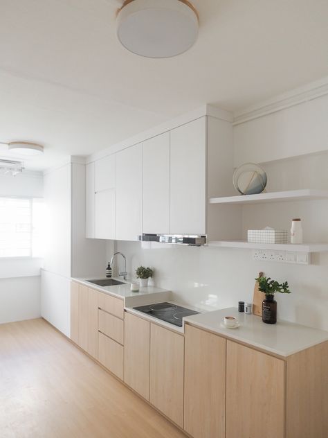 tampines hdb kitchen renovation Modern Kitchen Design White Natural Wood Open Shelving, Muji Style Kitchen, Japandi Ikea, Dining Japandi, Japandi Moodboard, Table Japandi, Interior Japanese Style, Japandi Style Kitchen, Interior Japandi