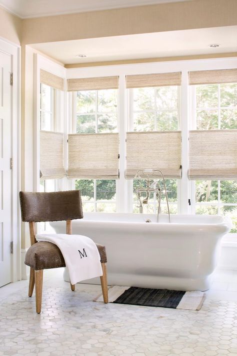 Top Down, Bottom Up Shades Kitchen Window Coverings, Popular Window Treatments, Bathroom Window Treatments, Window Treatments Living Room, Woven Wood Shades, Bamboo Shades, Room Window, Bathroom Windows, Luxe Interiors