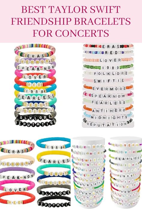 Are you ready to shine at the next Taylor Swift concert? Check out our handpicked collection of 20 amazing Taylor Swift friendship bracelets that will add a pop of fun and style to your concert outfit! Featuring everything from 'Fearless' to '1989', these bracelets celebrate your favorite albums and the friendships formed over the shared love of her music. Perfect as gifts for fellow Swifties or to trade with friends at the Eras Tour, each bracelet is designed to show your love for Taylor in a unique and stylish way! Don't miss out on these essential concert accessories for Swifties! Swift Bracelet Ideas, Taylor Swift Inspired Jewelry, Concert Accessories, Swift Friendship Bracelets, Taylor Swift Friendship Bracelets, Swift Concert, Preppy Bracelets, Everything Diy, Beautiful Crafts