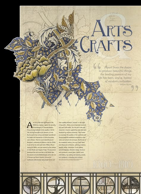 Design History Poster: Arts & Crafts Movement by Dominika Faszczewski, via Behance Art And Craft Movement Posters, Arts Crafts Movement, Arts And Crafts Graphic Design, Historical Poster Design, Art And Crafts Movement, Book Layout Ideas, Medieval Core, Heritage Wall, Islamic Illumination