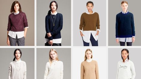 A Field Guide to Layering Sweaters and Button-Ups | Verily Sweater And Shirt Layering, Shirt Under Sweater Outfit, Sweater Over Dress Shirt, Shirt Under Sweater, Layering Sweaters, Winter Sweater Outfits, Silky Shirt, Layered Sweater, Sweater Layering