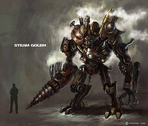 An awesome steam golem. Need more be said? Illustration by Emerson Tung http://emersontung.deviantart.com/art/Storm-Slayer-Steam-Golem-137950493 Fantasy Mech, Steampunk Machines, Steampunk Robots, Steampunk Robot, Steampunk Characters, Science Fiction Artwork, Robot Illustration, Arte Robot, Monster Concept Art