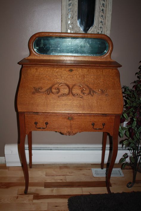 Ornate secretary desk antique for sale by Redeemed Furnishings Antique Oak Secretary Desk, Oak Secretary Desk, Desk Antique, Antique Secretary, Antique Oak Furniture, Sales Desk, Secretary Desk, Antique Desk, Secretary Desks