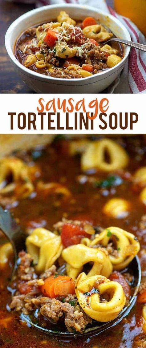 Sausage Tortellini Soup — Buns In My Oven Spicy Sausage Soup With Tortellini, Spicy Sausage Tortellini Soup, Spicy Italian Sausage Tortellini Soup, Totillinie Sausage Soup, Julia’s Album Creamy Sausage Tortellini Soup, Julia’s Album Sausage Tortellini Soup, Sausage Tortellini Soup, Hearty Soup Recipes, Best Sausage