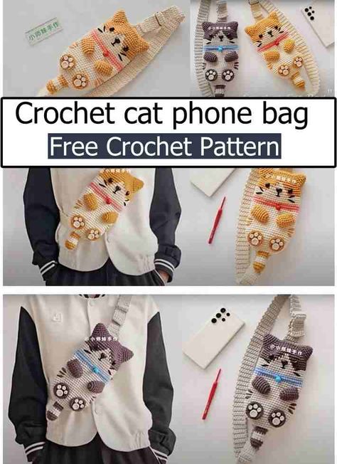 Crochet Phone Carrier, Cat Crochet Bag Pattern, Cat Bag Crochet Free Pattern, Crochet Cat Bag Pattern, Crochet Cat Bag Pattern Free, Crochet Phone Bag Free Pattern, Crochet Bag Charm Free Pattern, Phone Bag Crochet Pattern, Crochet Cat Bag